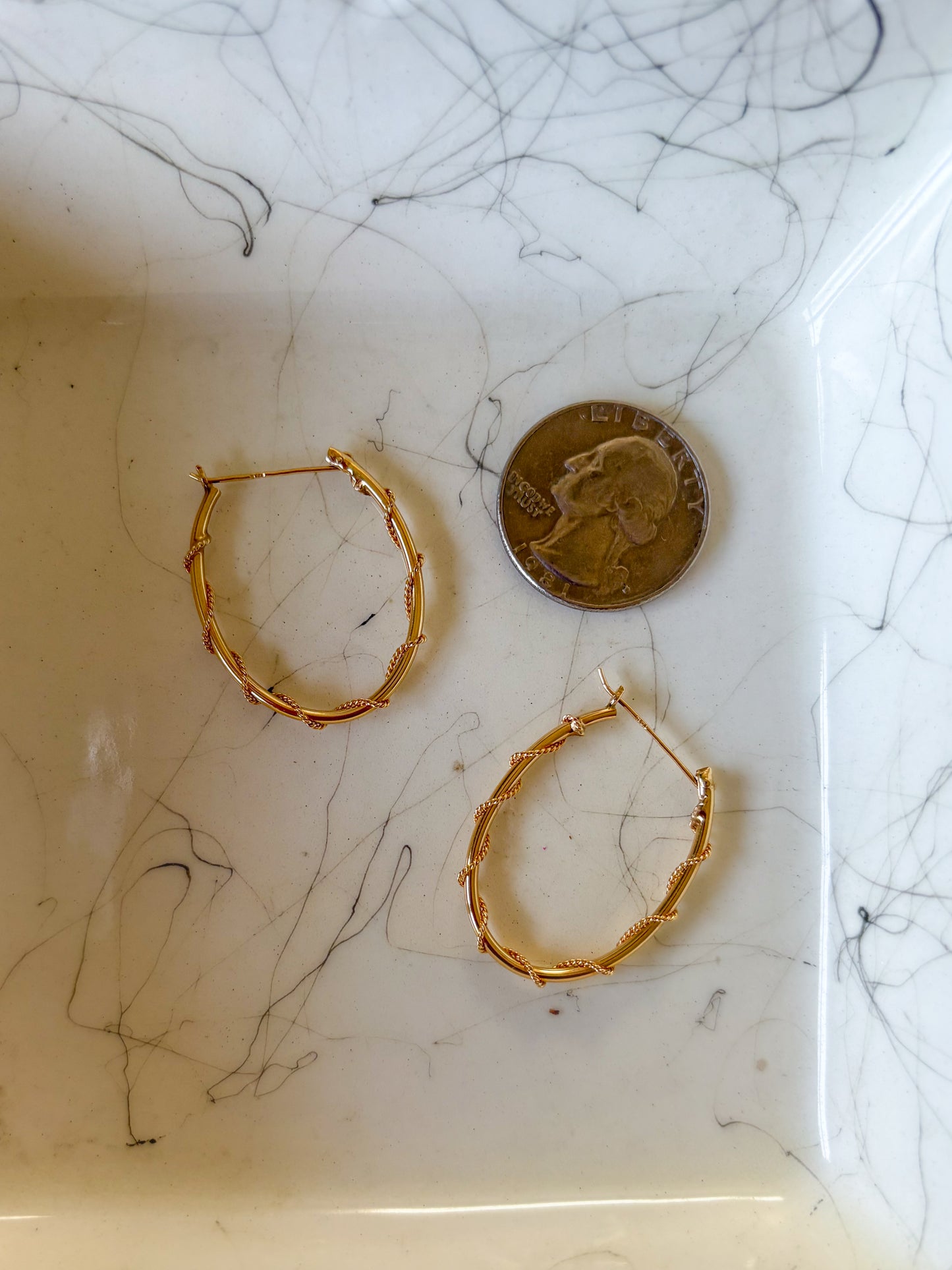 Vintage Thin Oval Hoop with Rope Detail 14k Yellow Gold Earrings