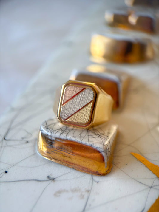 Vintage Signet Tri Colored 14k Yellow, White and Rose Gold Ring