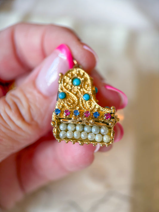 Vintage Grand Piano Charm - Ruby, Sapphire, Pearl, Turquoise and 14k Yellow Gold, circa 1950s
