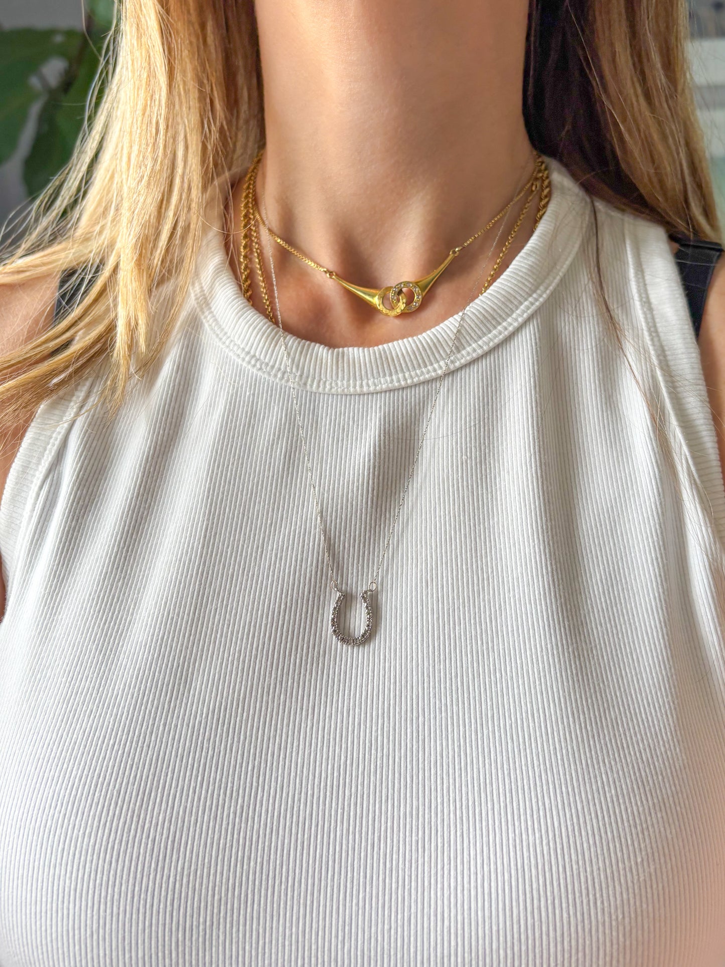 Vintage Natural Diamond Horseshoe Charm 14k White Gold with 20 Inch Chain