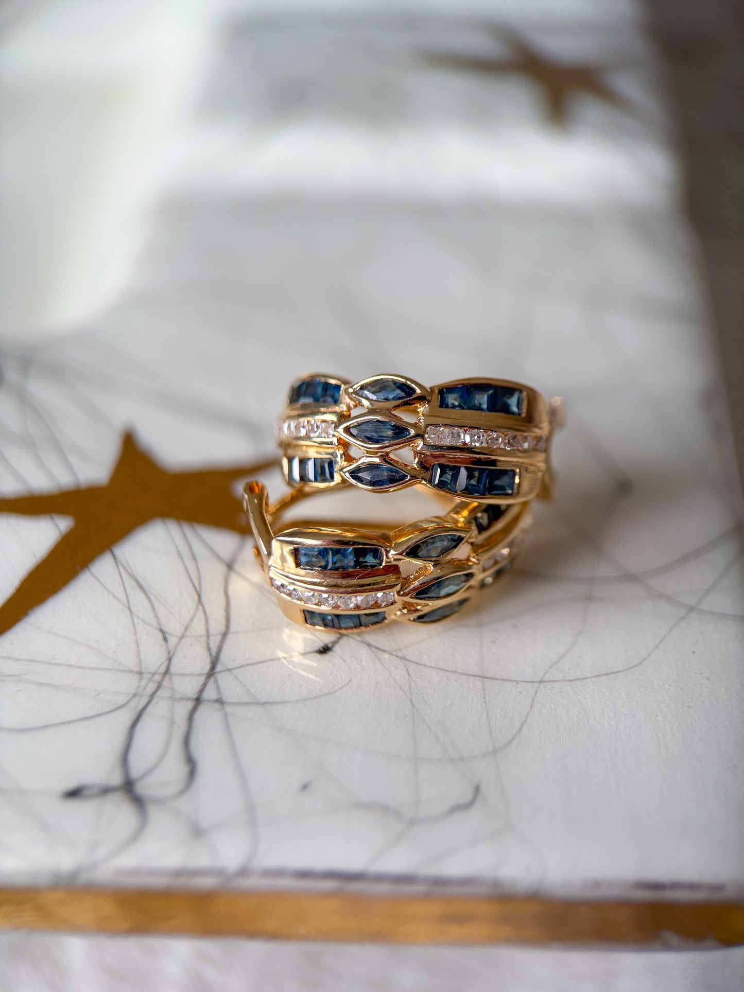 Vintage Natural Sapphire and Diamond 14k Yellow Gold Half Hoop Earrings
