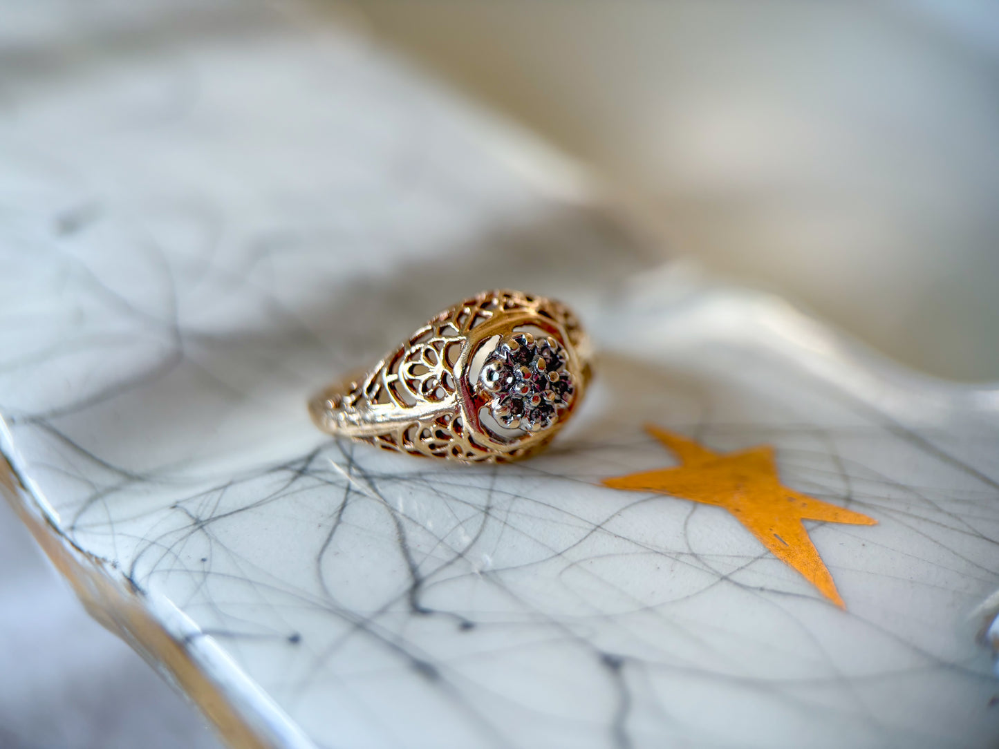 Vintage Natural Diamond 14k Yellow Gold Filigree Pinky Ring