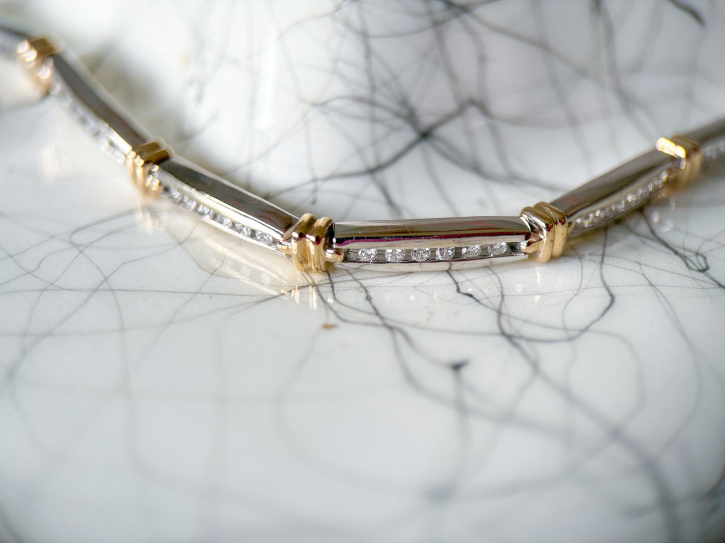 Vintage Natural Diamond Two Toned 14k White and Yellow Gold 7 Inch Bracelet