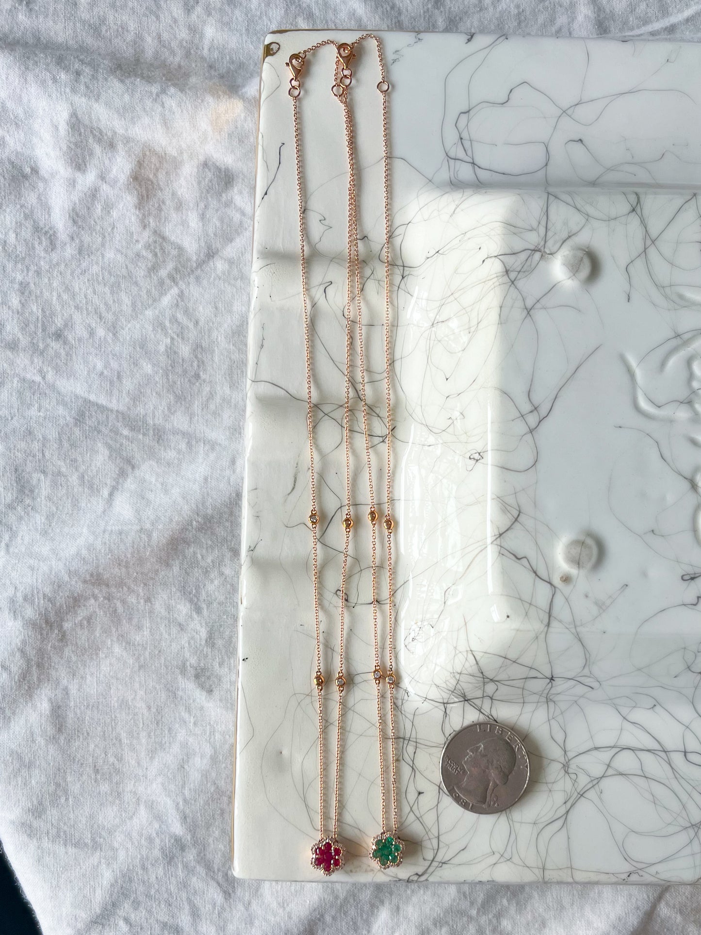 Natural Ruby, Emerald and Diamond Flower Charms in 14k Rose Gold