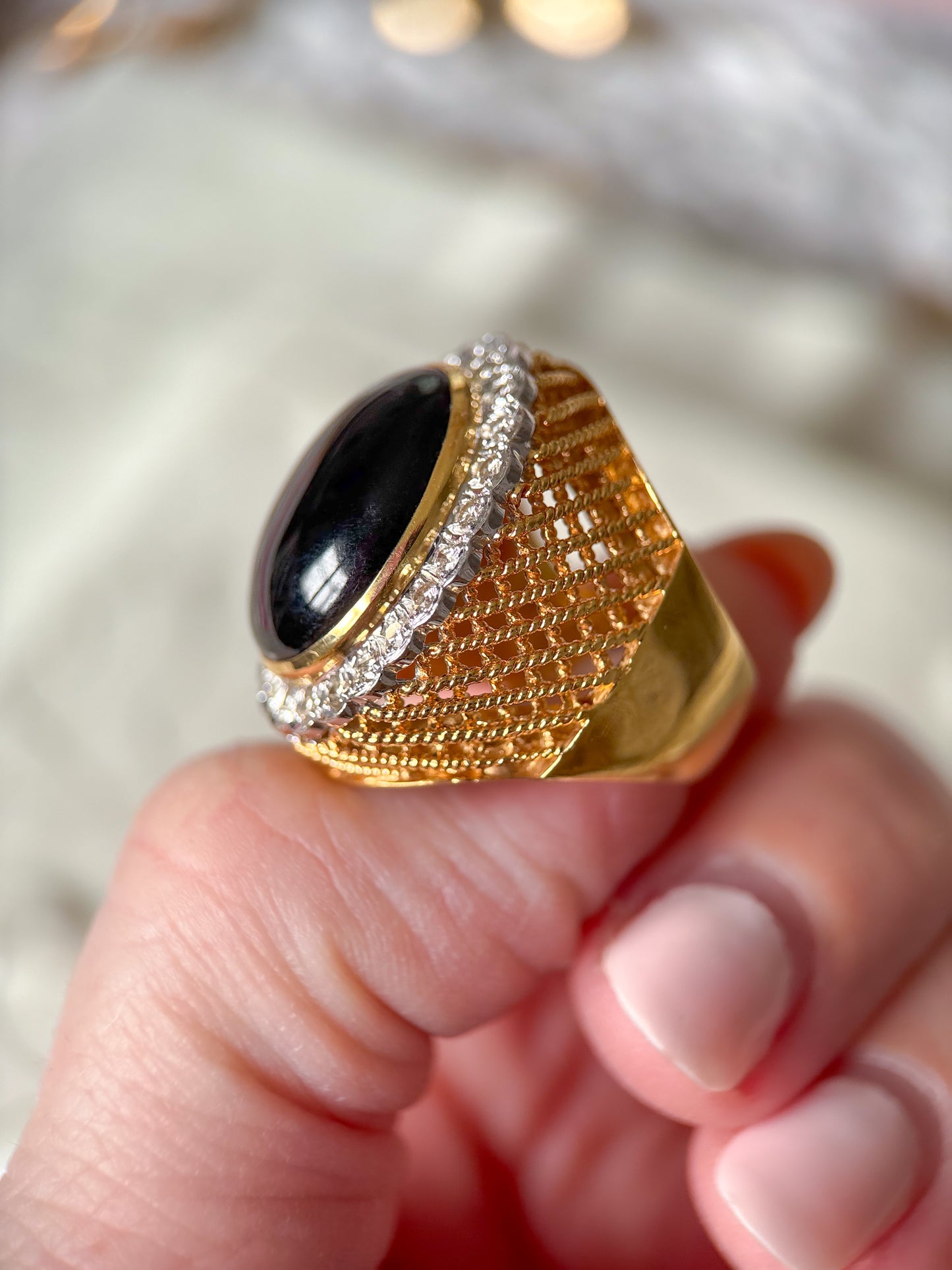 Vintage Onyx and Natural Diamond 18k Yellow Gold Statement Ring