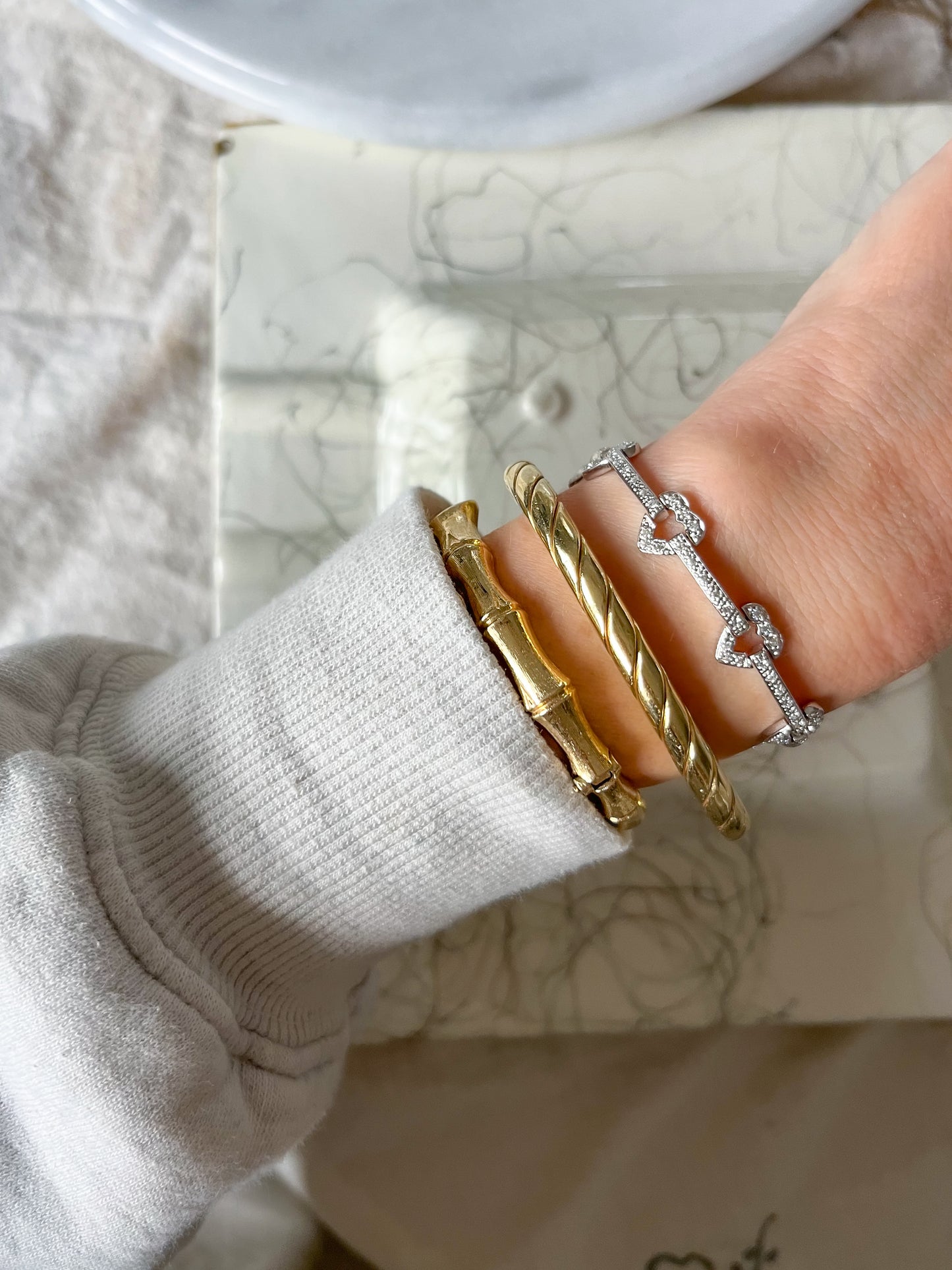 Vintage Natural Diamond Heart 14k White Gold 7 Inch Bracelet