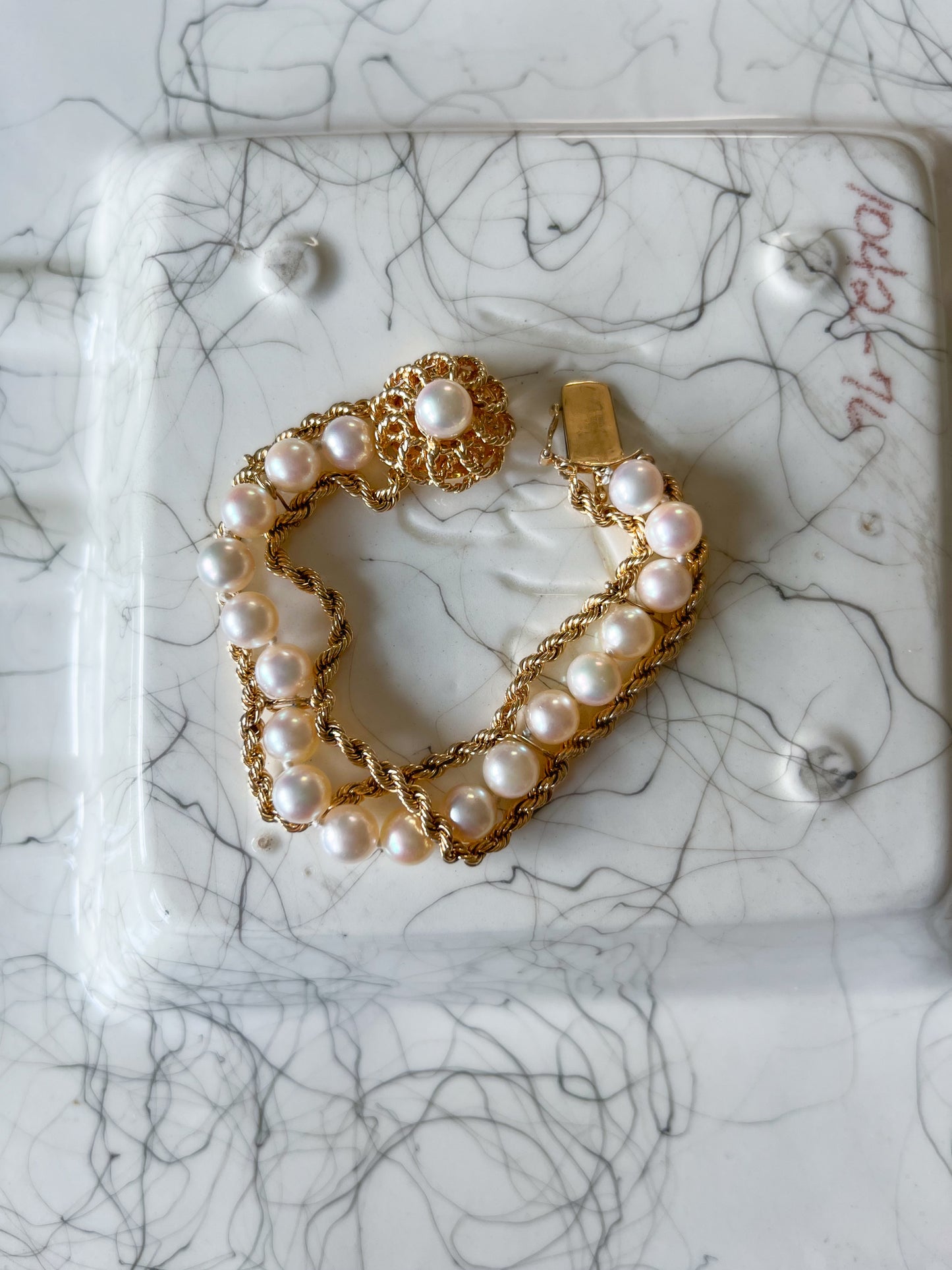 Various Vintage Pearl and Rope Chain 14k Yellow Gold Bracelets