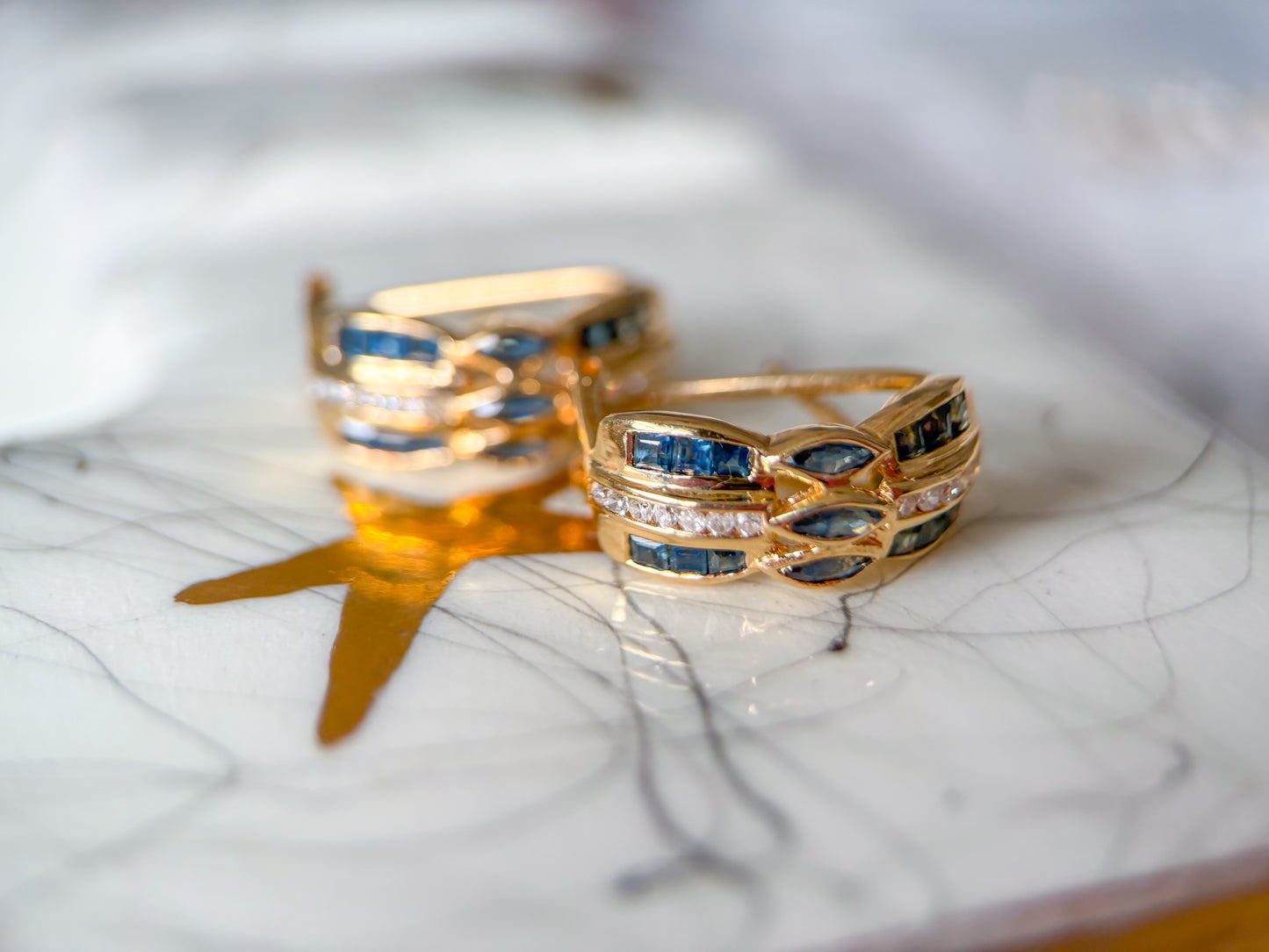Vintage Natural Sapphire and Diamond 14k Yellow Gold Half Hoop Earrings