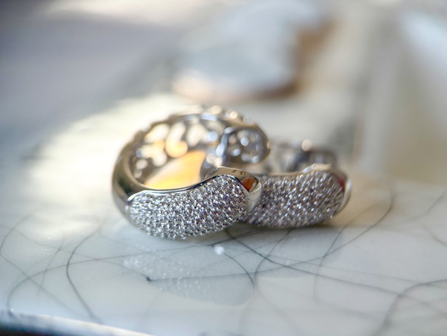 Natural Diamond Encrusted 18k White Gold Puffy Huggie Earrings