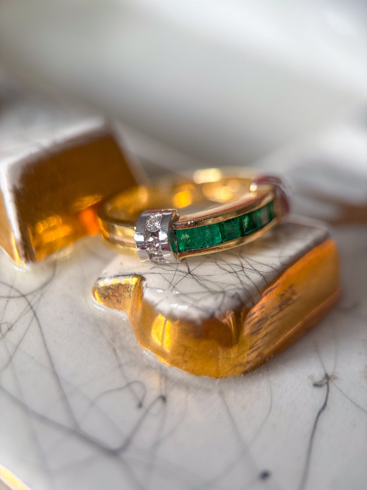 Vintage Natural Emerald and Natural Diamond Two Toned 14k Yellow and White Gold Band