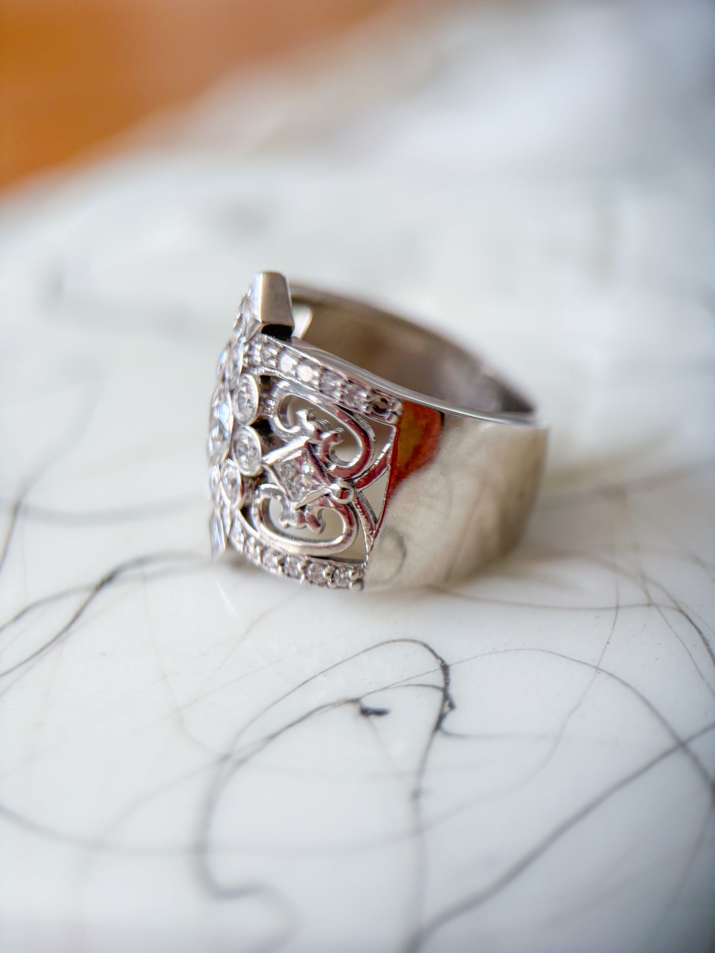 Vintage Natural Diamond 14k White Gold Statement Ring