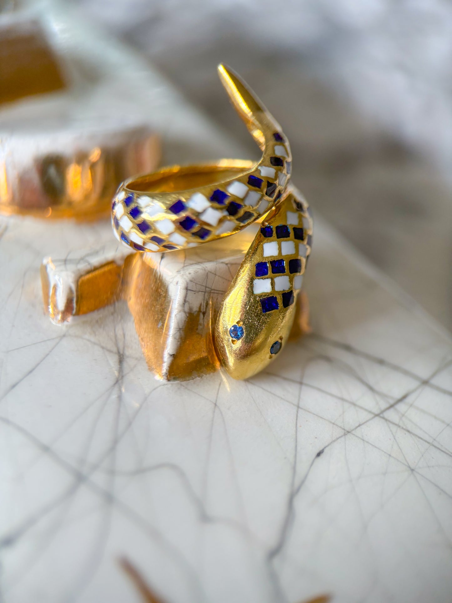 Vintage Enamel and Natural Sapphire 18k Yellow Gold Snake Ring, Size 3 1/4, circa 1960s