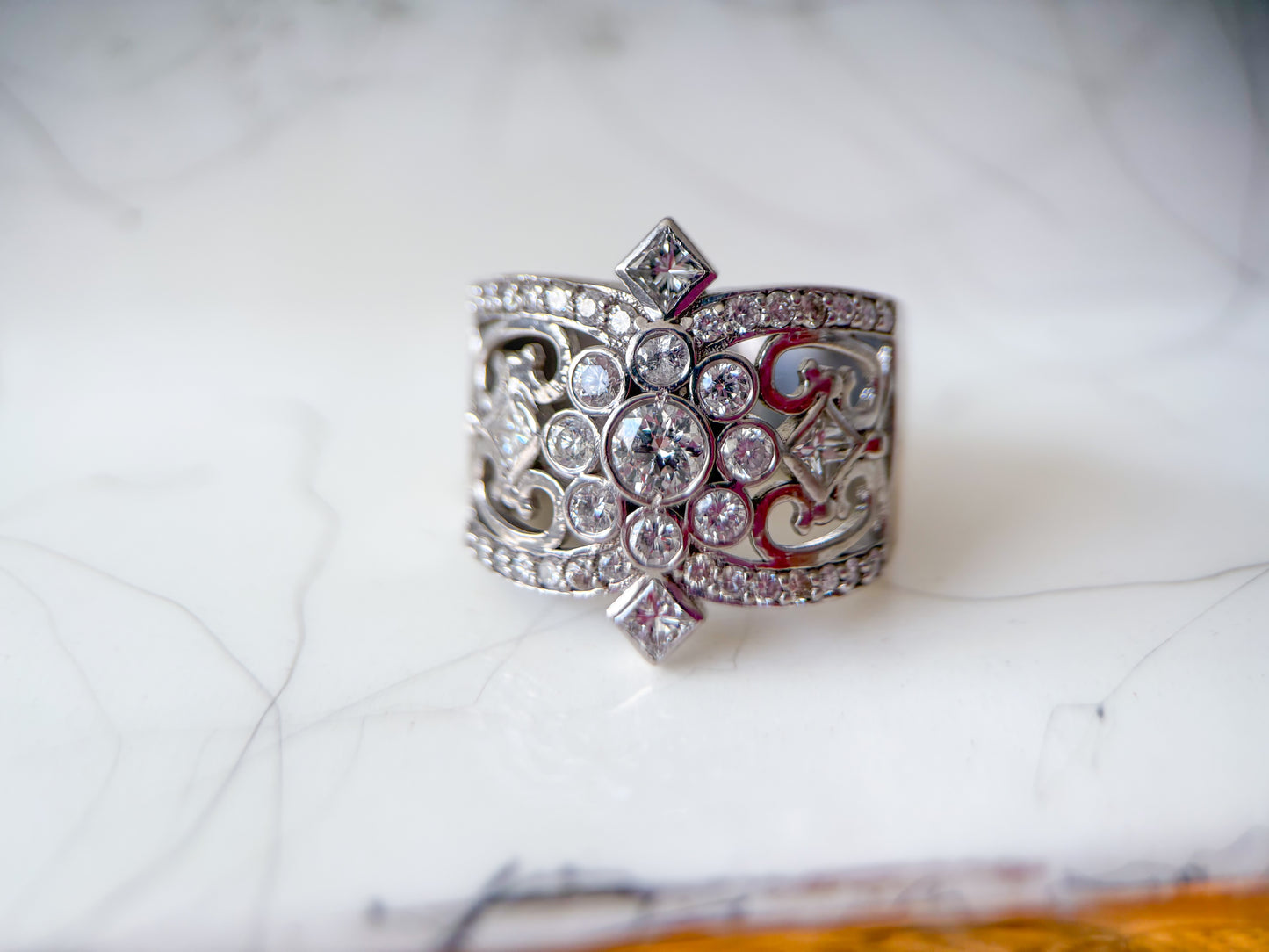 Vintage Natural Diamond 14k White Gold Statement Ring