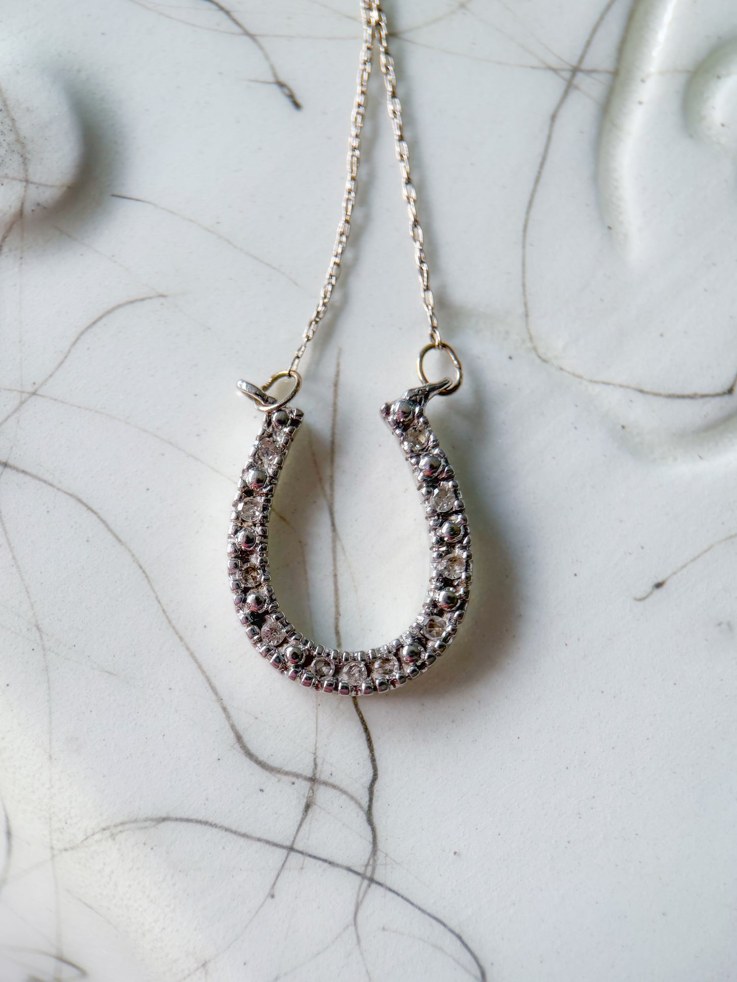 Vintage Natural Diamond Horseshoe Charm 14k White Gold with 20 Inch Chain