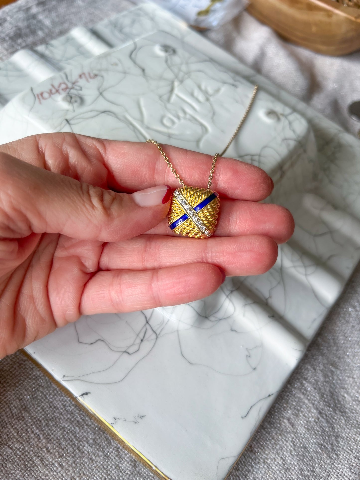 Vintage Blue Enamel and Natural Diamond Square 14k Yellow Gold Slider, circa 1960s