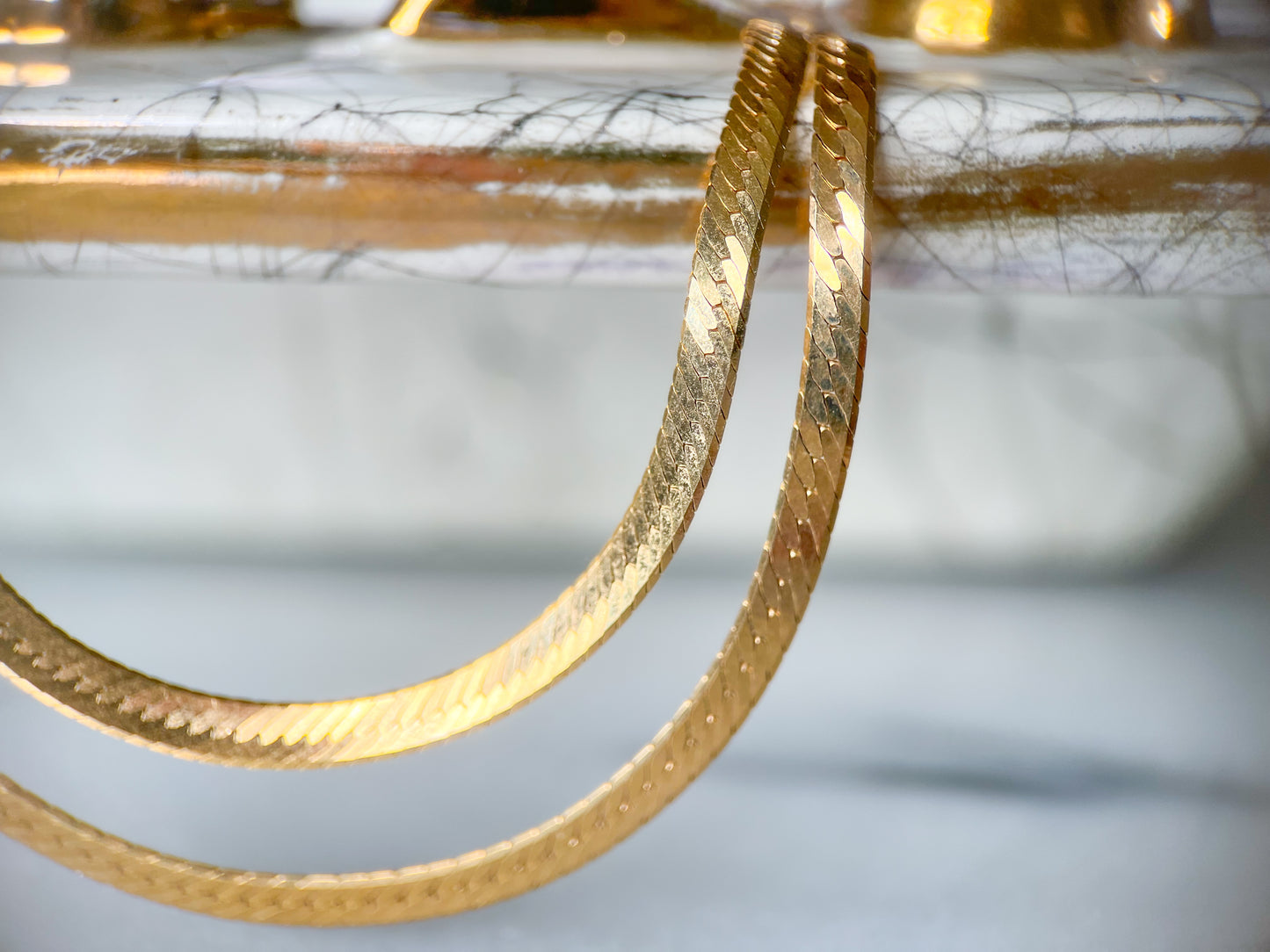 Vintage Herringbone Chain Necklaces 14k Yellow Gold - Two Lengths