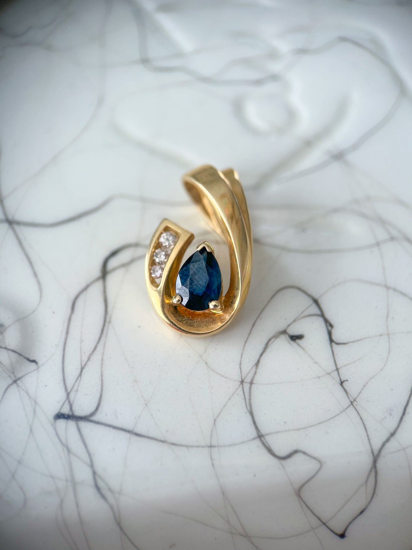 Vintage Natural Pear Shaped Sapphire and Diamond Slider 14k Yellow Gold Charm