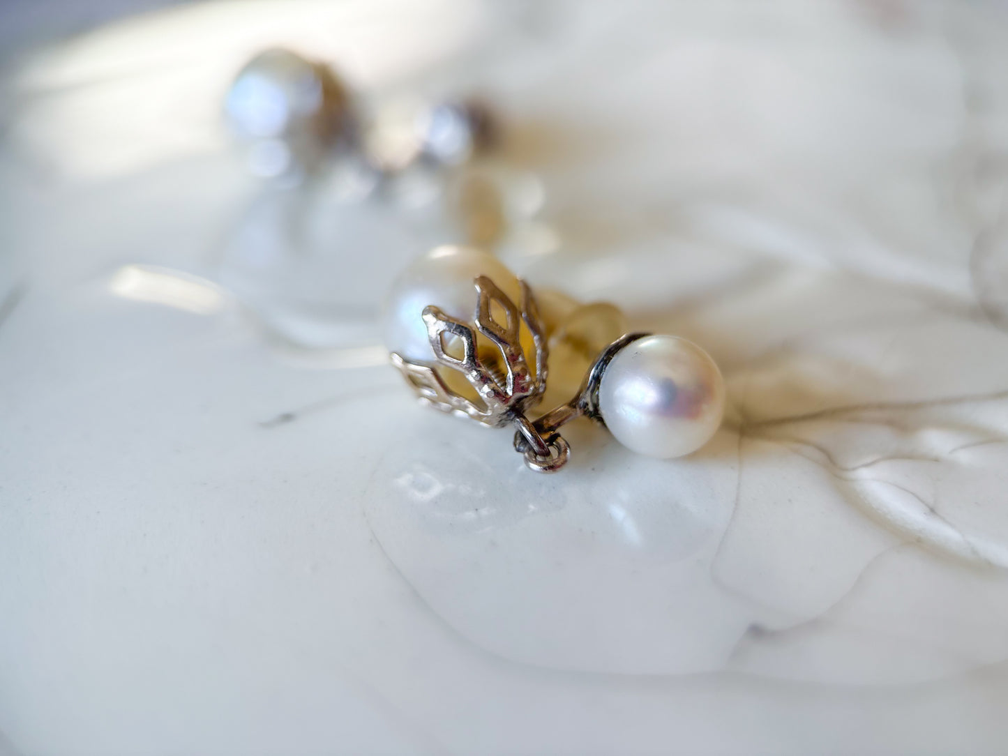 Vintage Pearl 14k White Gold Dangle Earrings