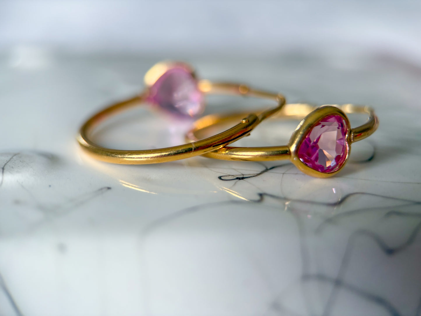 Vintage 18k Yellow Gold Thin Tube Hoops with Pink Heart Stones