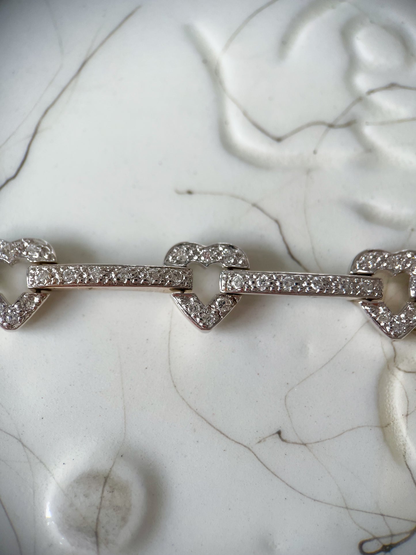 Vintage Natural Diamond Heart 14k White Gold 7 Inch Bracelet