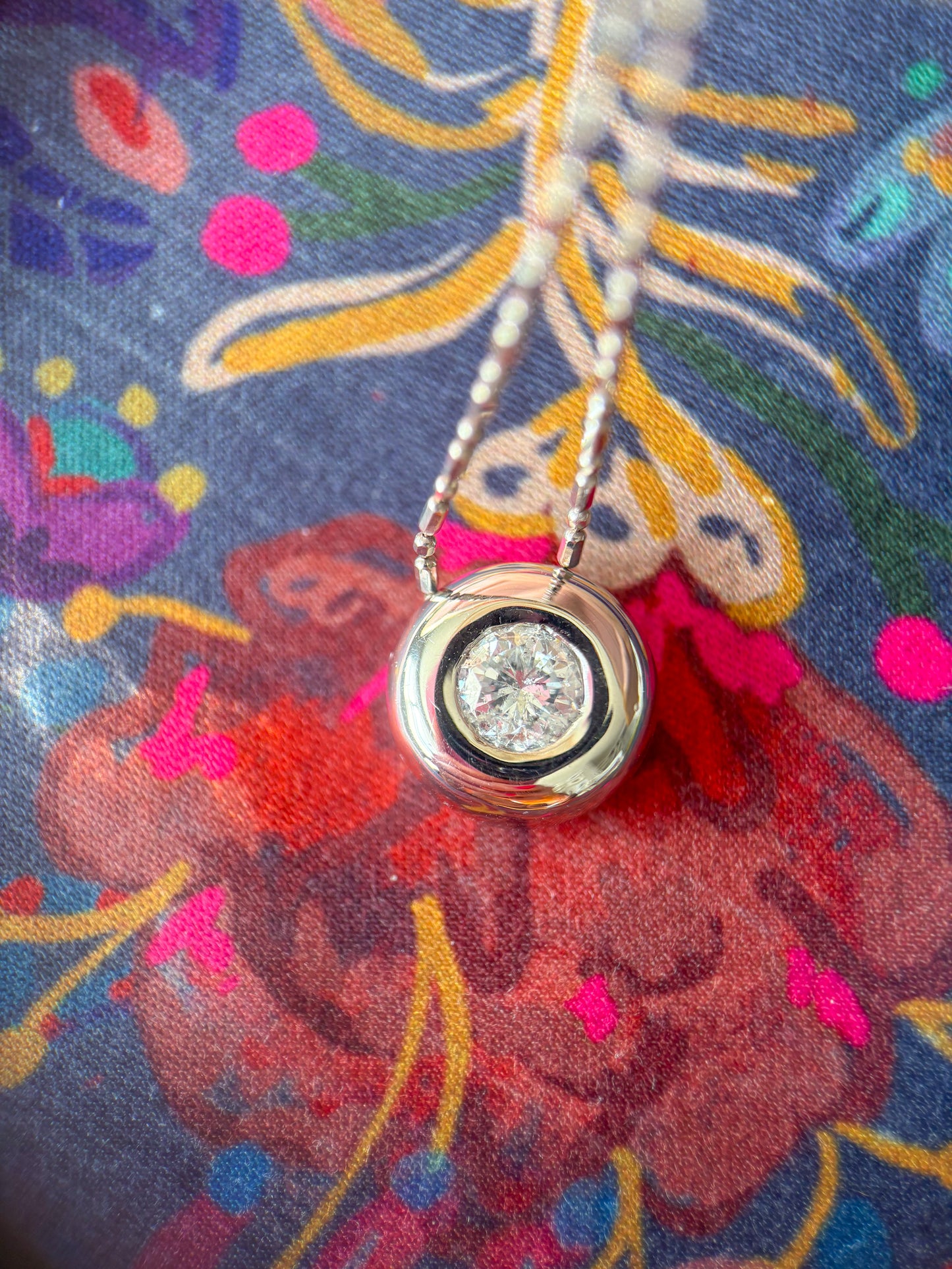 Vintage Bezel Set Natural Diamond Pendant 14k White Gold Charm with Ball Chain