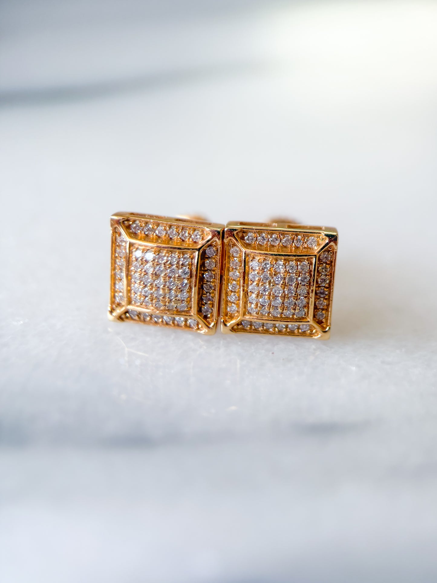 Vintage Natural Diamond 14k Yellow Gold Square Stud Earrings
