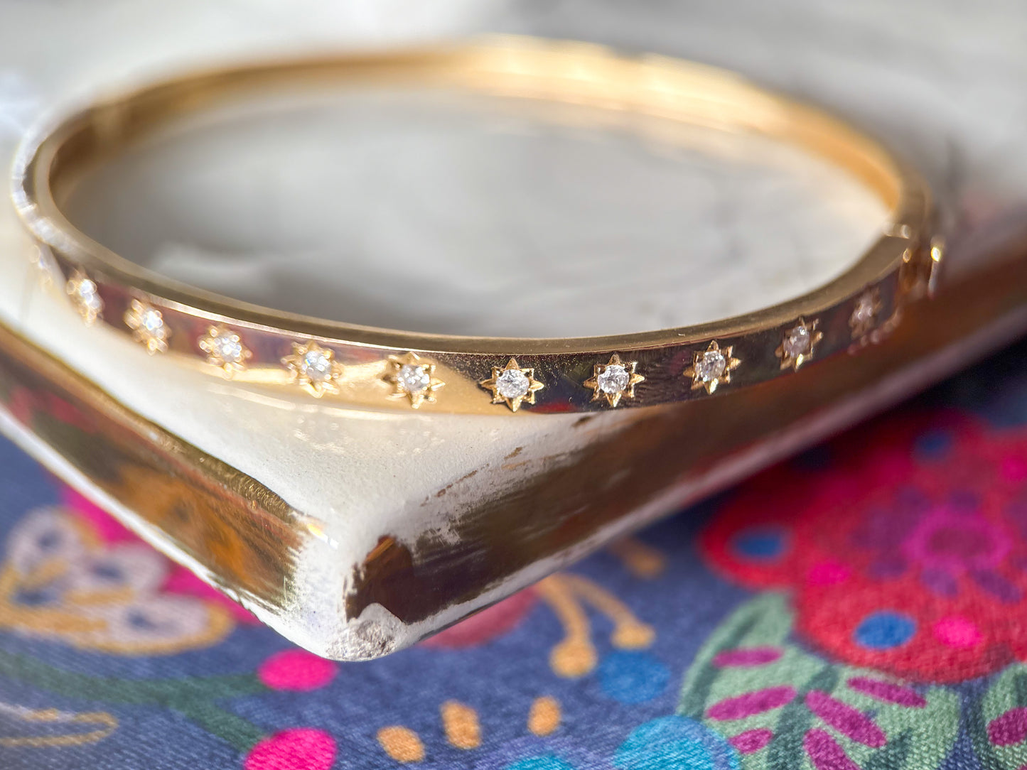 Natural Diamond Starburst 14k Yellow Gold 6 Inch Bangle