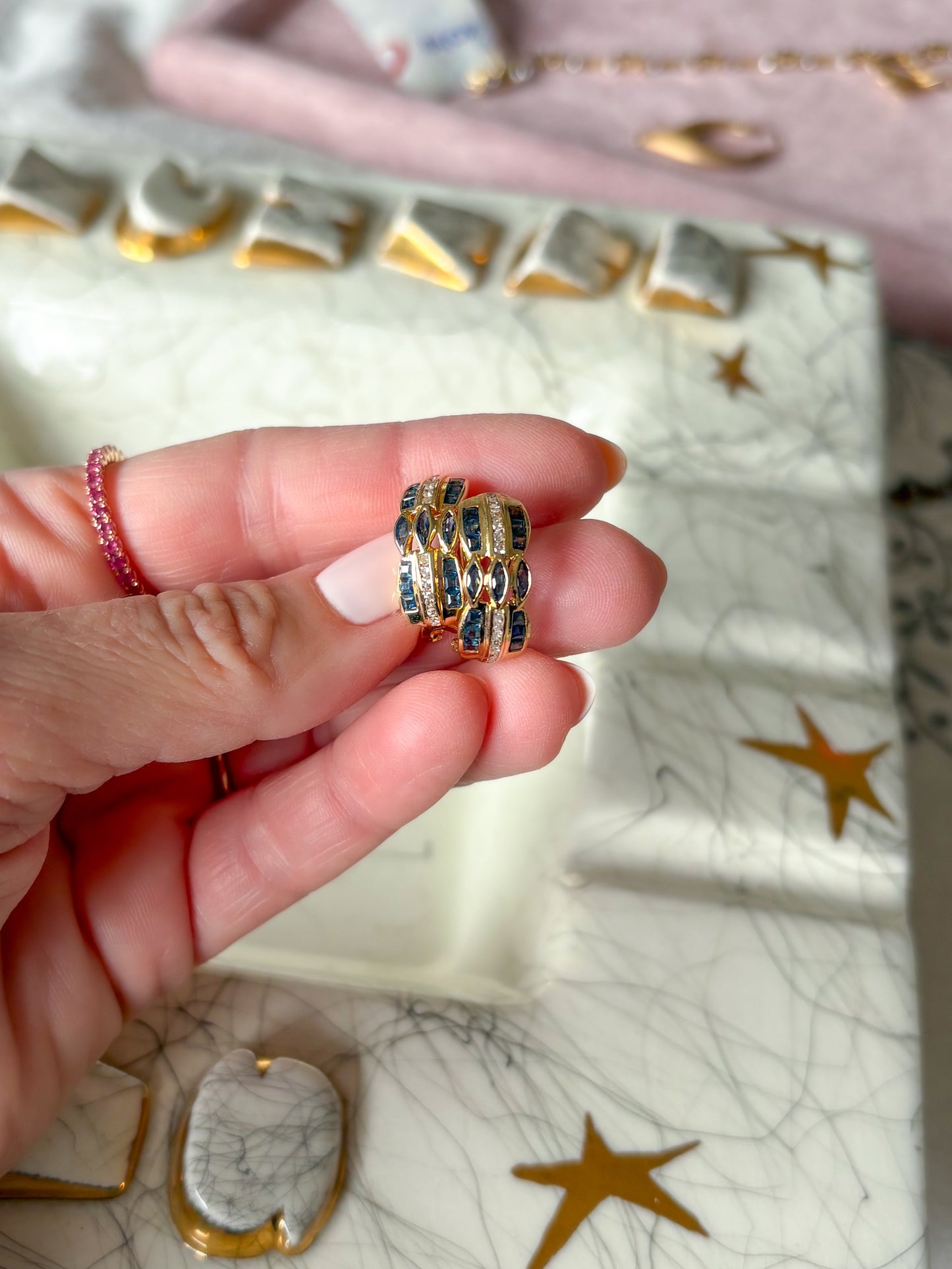 Vintage Natural Sapphire and Diamond 14k Yellow Gold Half Hoop Earrings