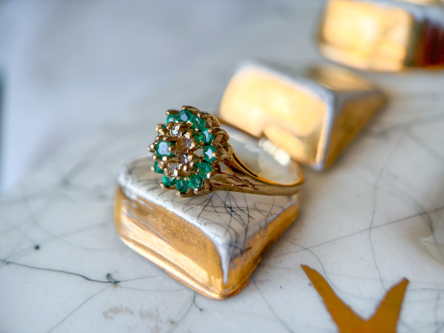 Vintage Natural Emerald and Diamond Cluster 14k Yellow Gold Ring