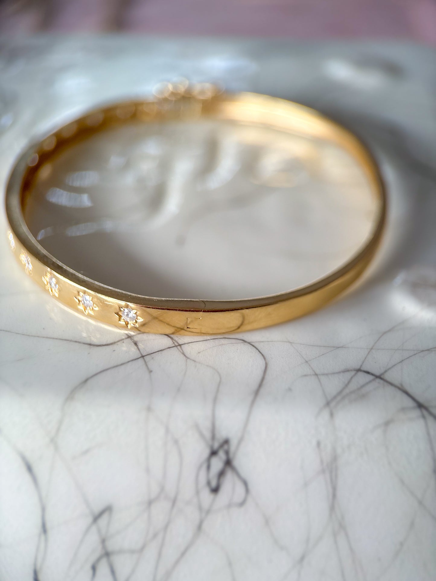 Natural Diamond Starburst 14k Yellow Gold 6 Inch Bangle