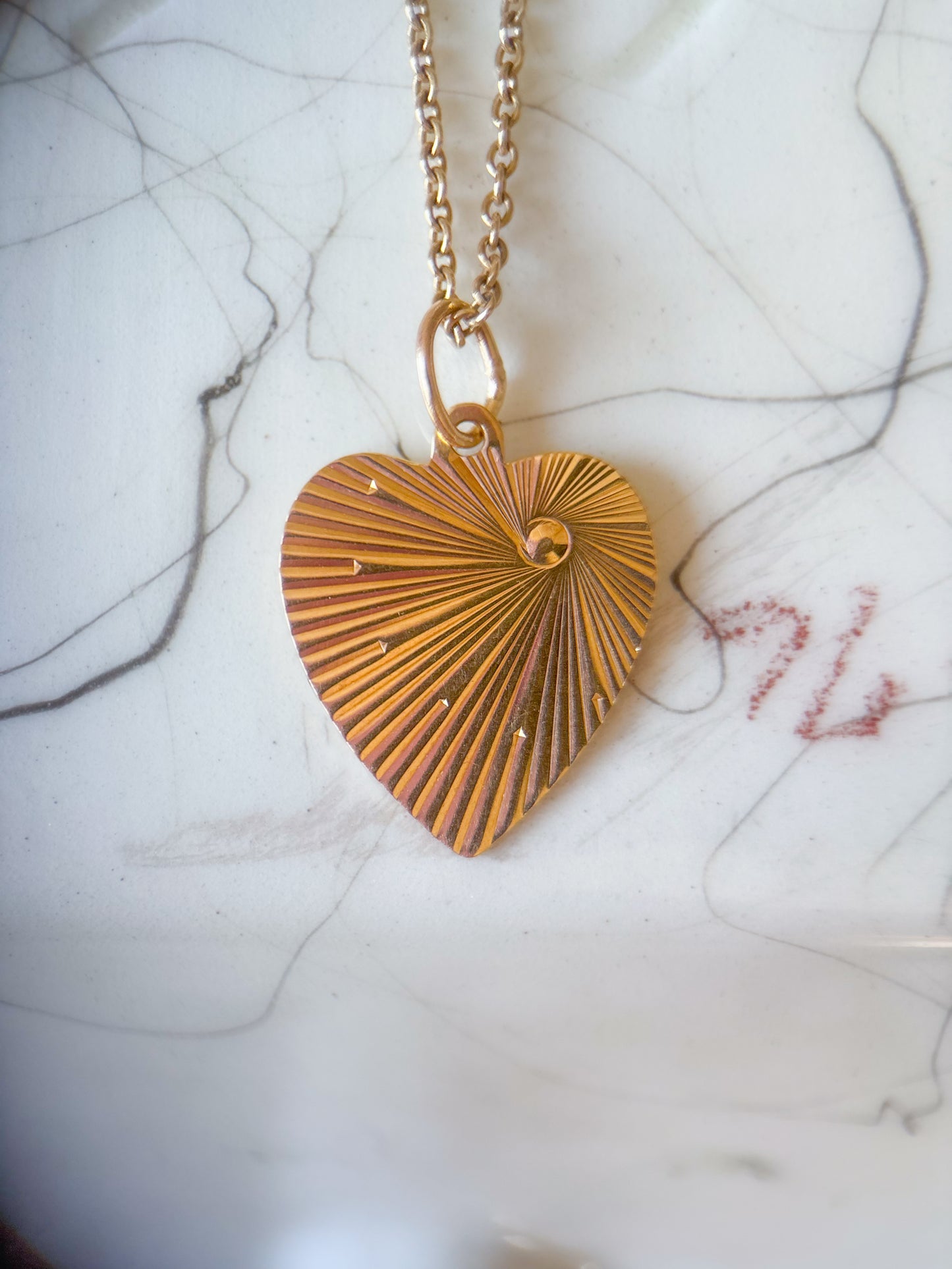 Vintage Engine Turned Heart 14k Yellow Gold Charm, Engraved: "Remember thou keep holy the Sabbath day"