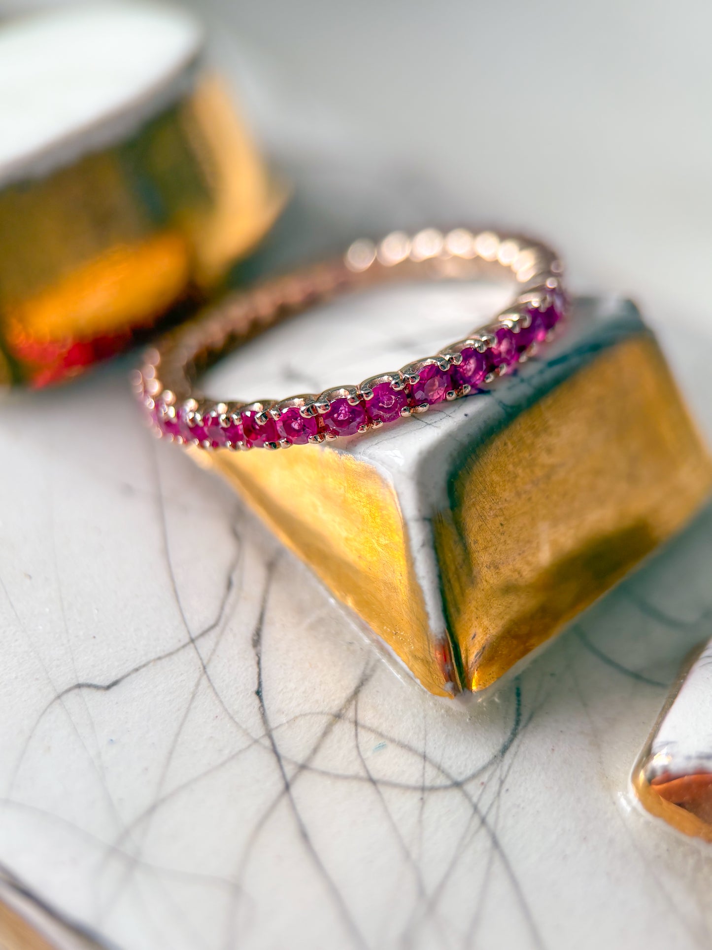 Vintage Natural Pink Sapphire 14k Rose Gold Eternity Band, size 6 1/4