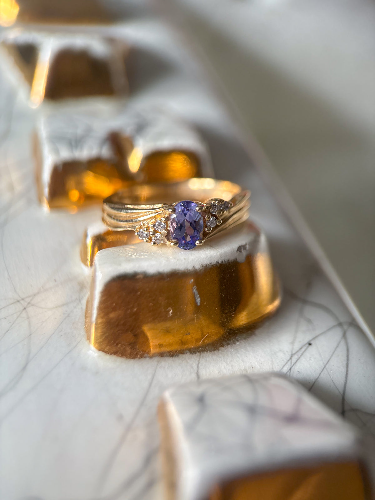 Vintage Natural Tanzanite and Natural Diamond 14k Yellow Gold Ring