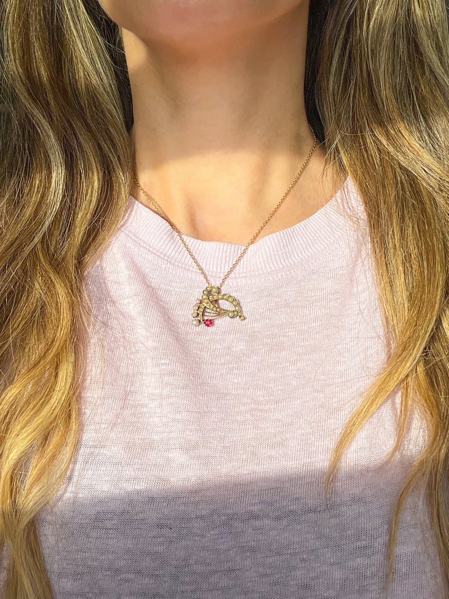 Victorian Era Pearl and Ruby 14k Yellow Gold Brooch Pendant