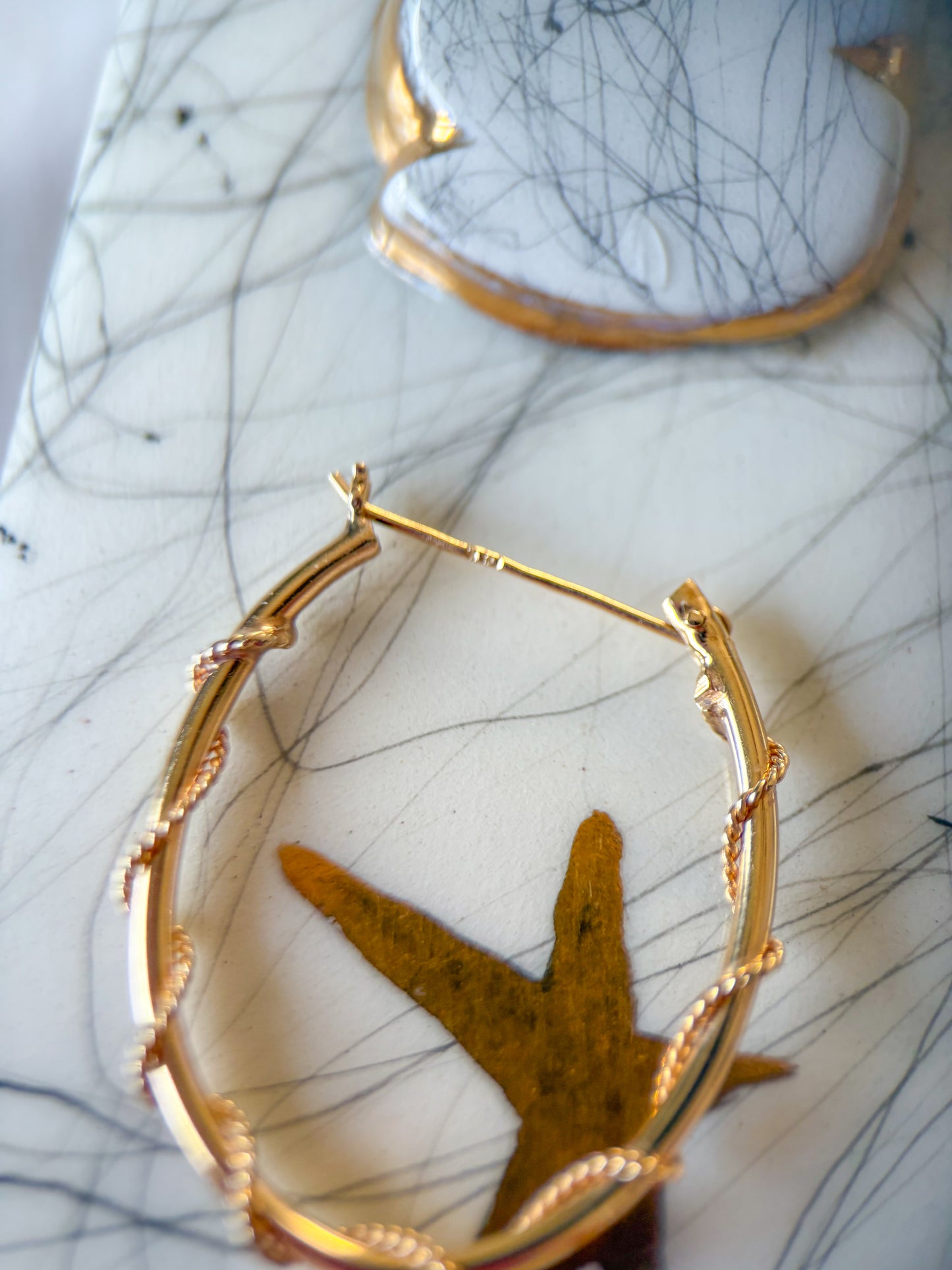Vintage Thin Oval Hoop with Rope Detail 14k Yellow Gold Earrings