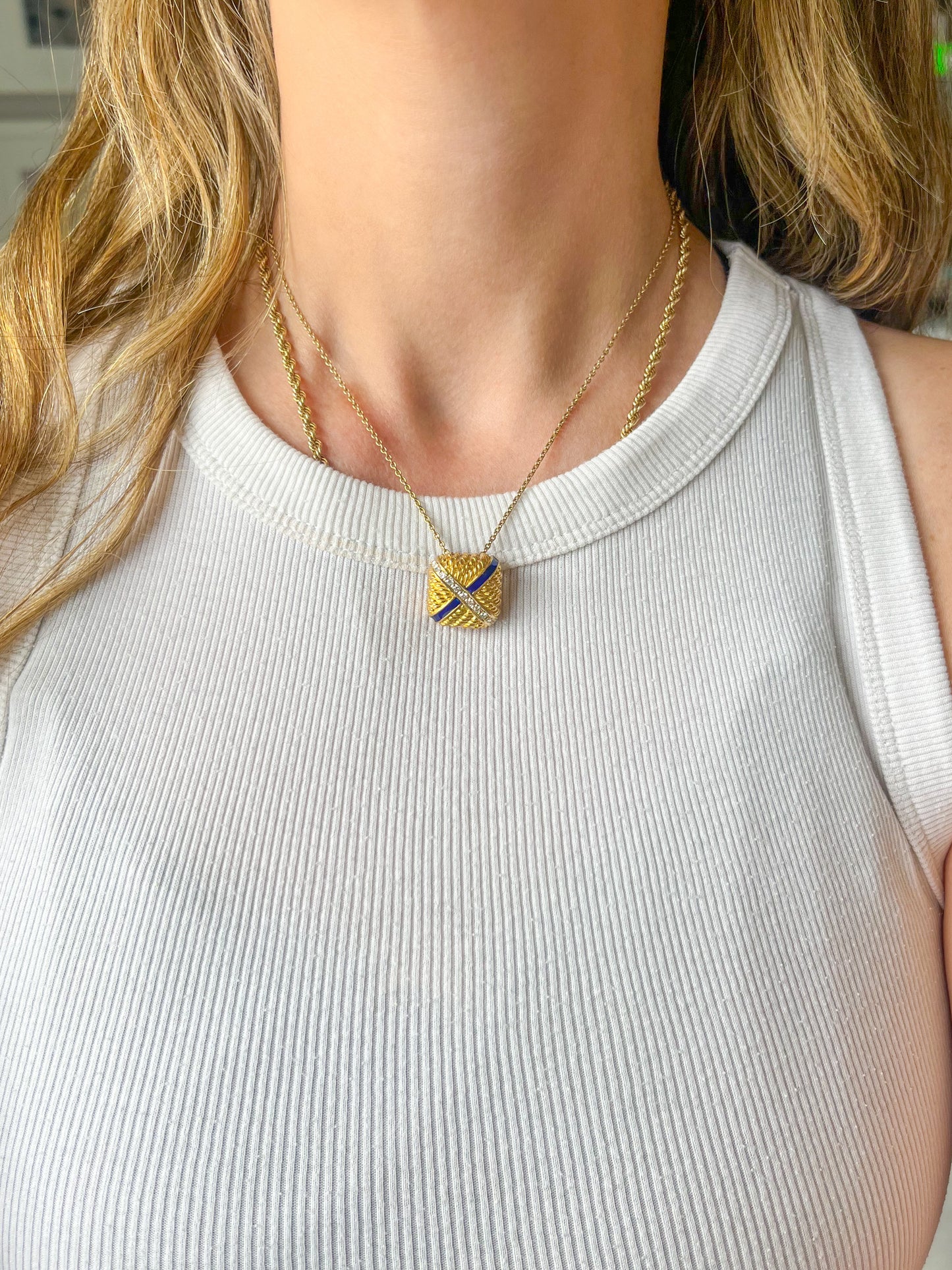 Vintage Blue Enamel and Natural Diamond Square 14k Yellow Gold Slider, circa 1960s