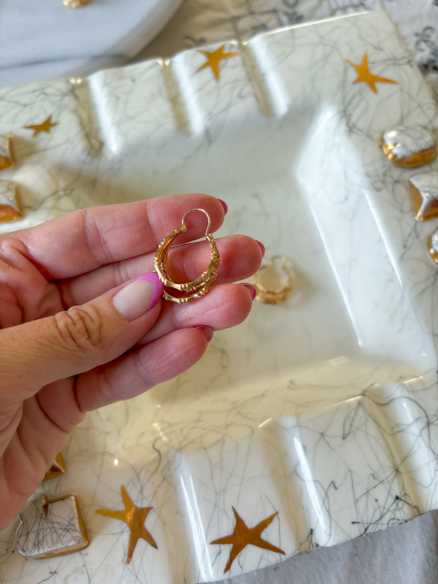 Vintage Three Hoop Bamboo Hoop 14k Yellow Gold Earrings