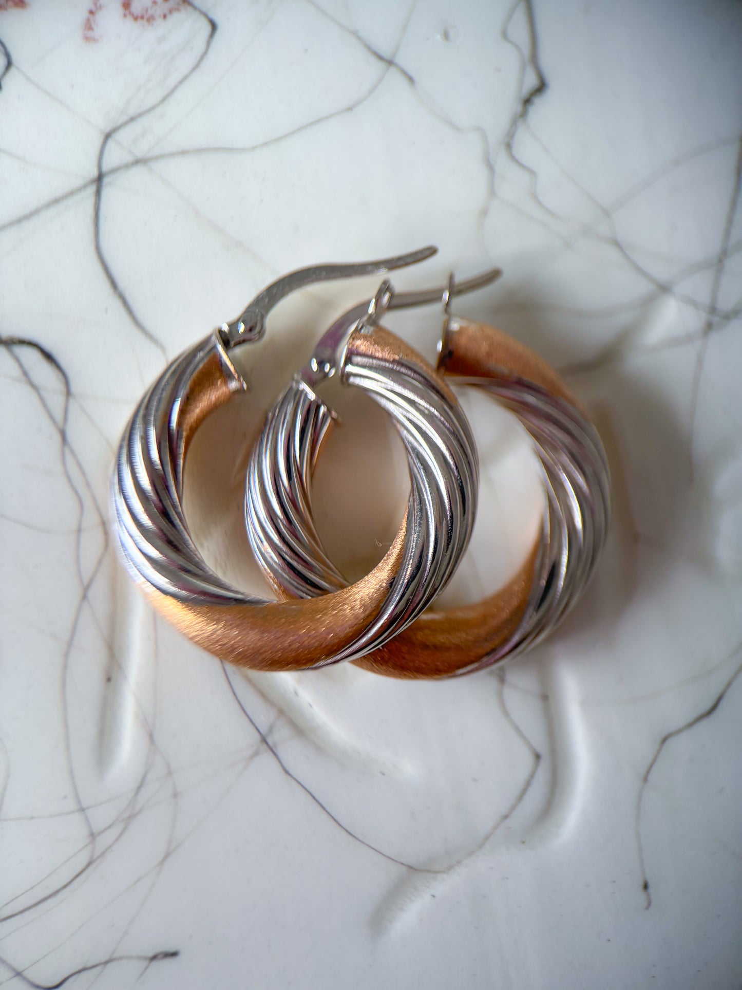 Vintage Two Toned Tube 14k Yellow and White Gold Hoop Earrings
