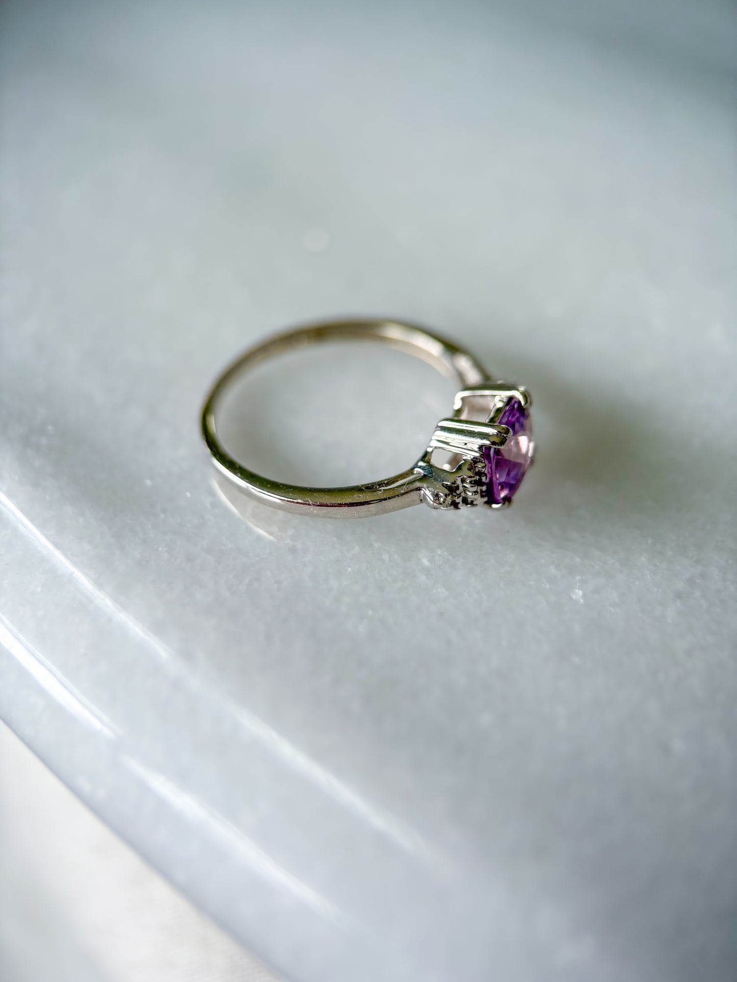 Vintage Amethyst and Natural Diamond 14k White Gold Ring