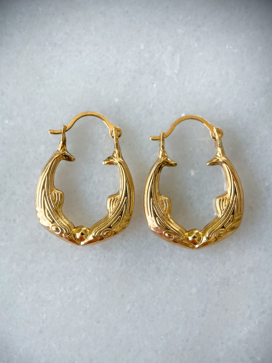 Vintage Whale 10k Yellow Gold Hoop Earrings