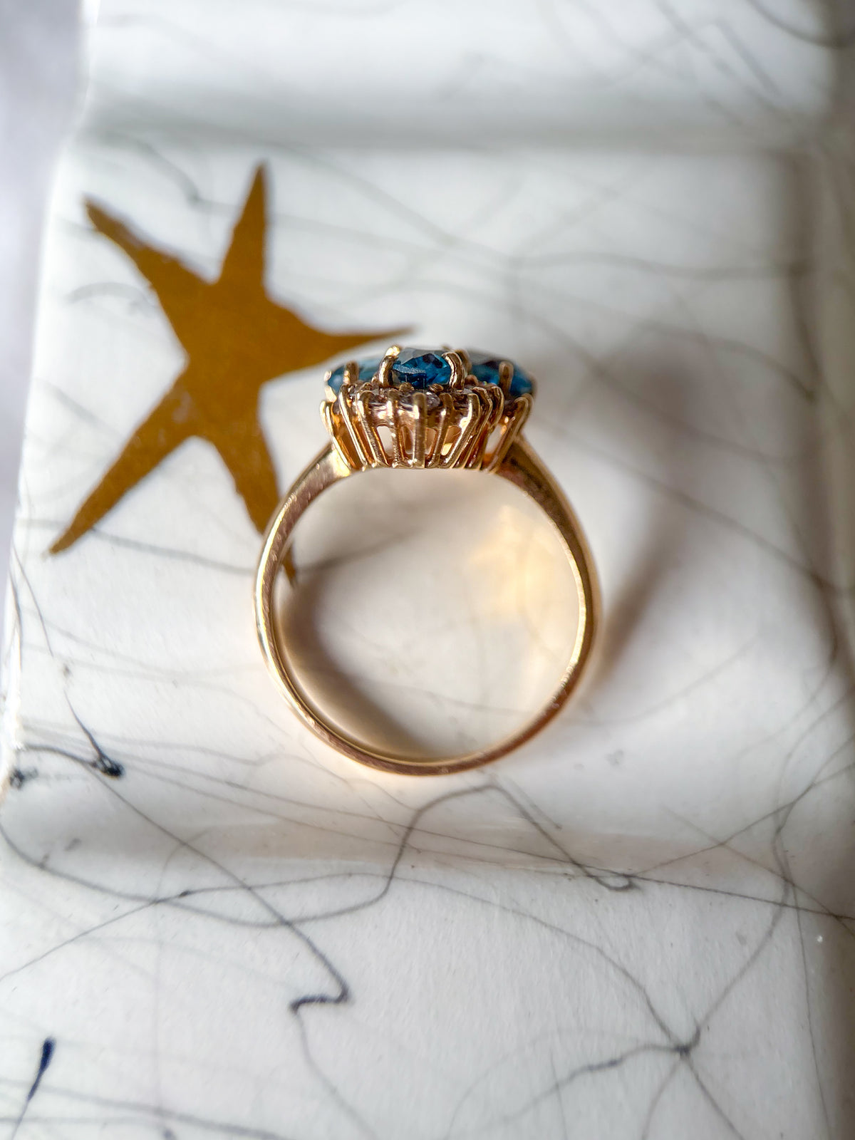 Vintage Natural Blue Topaz and Natural Diamond 14k Yellow Gold Ring