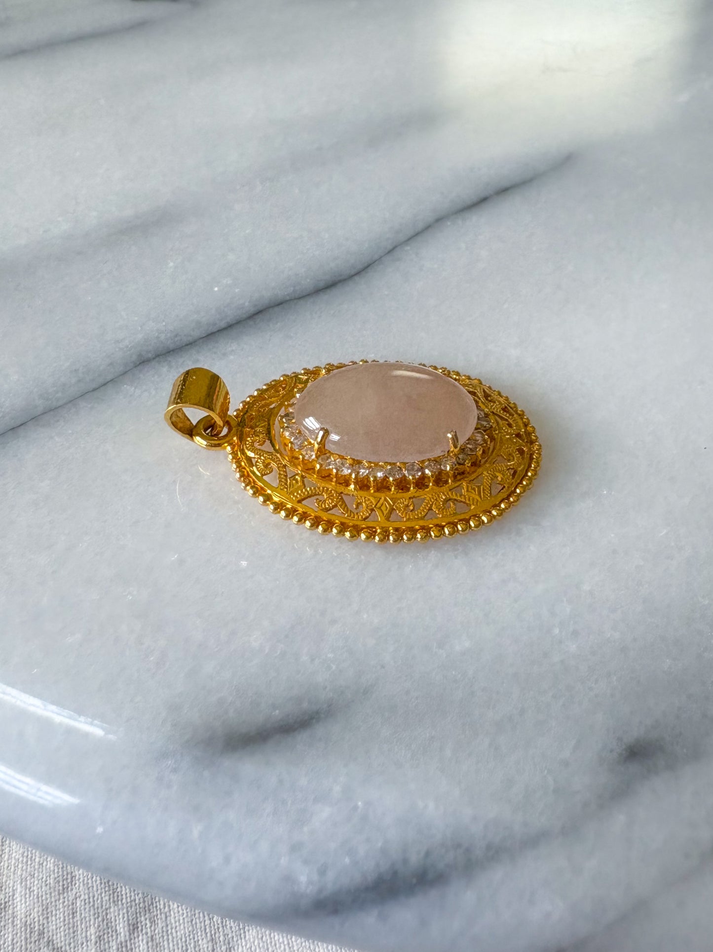 Vintage Large White Jade and Natural Diamond 18k Yellow Gold Charm Pendant