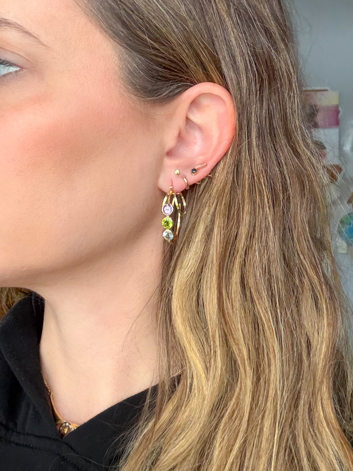 Vintage 3 Stone CZ 14k Yellow Gold Triple Hoop Earrings