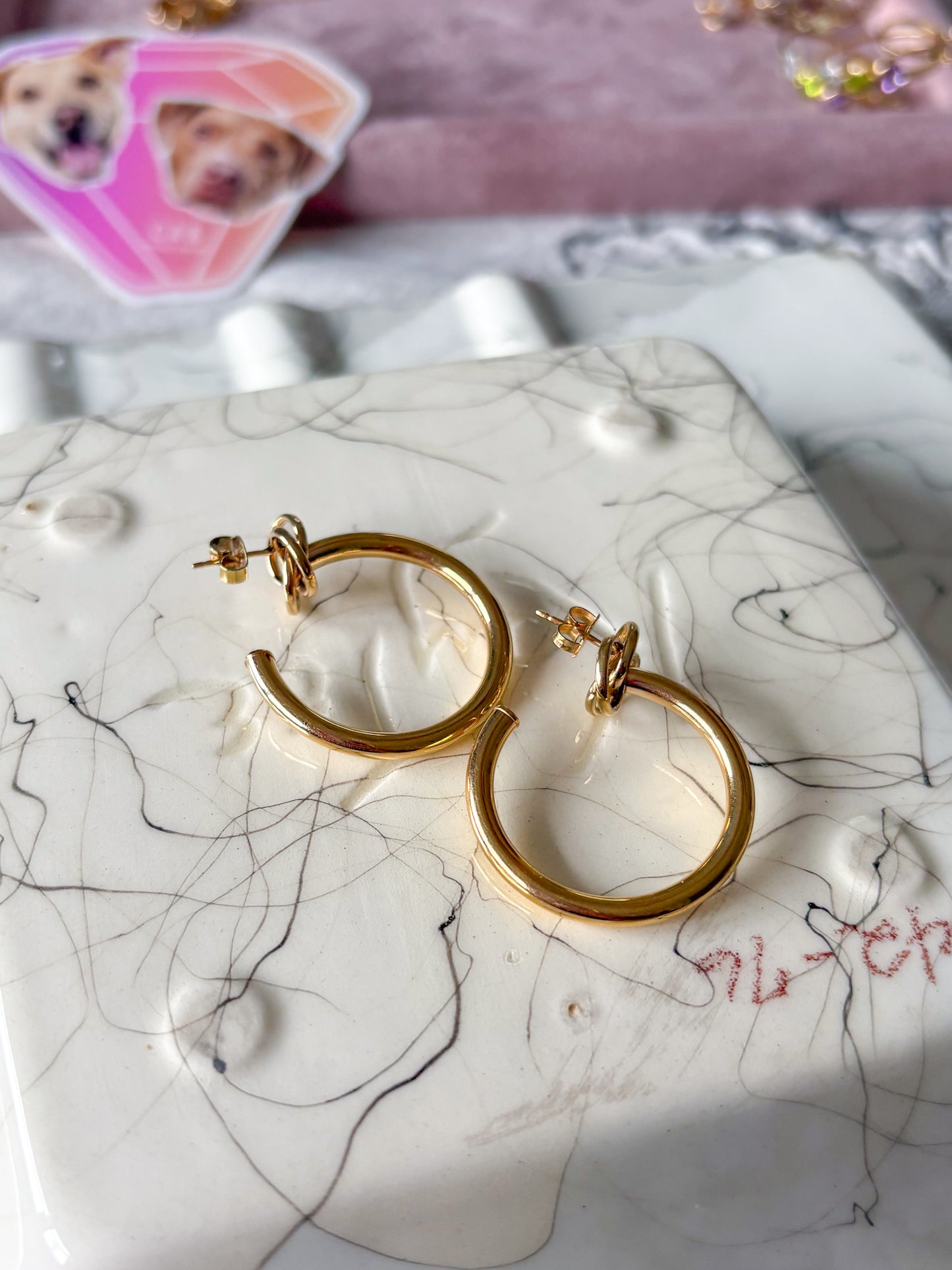 Vintage Large Tube with Knot 14k Yellow Gold Hoop Earrings