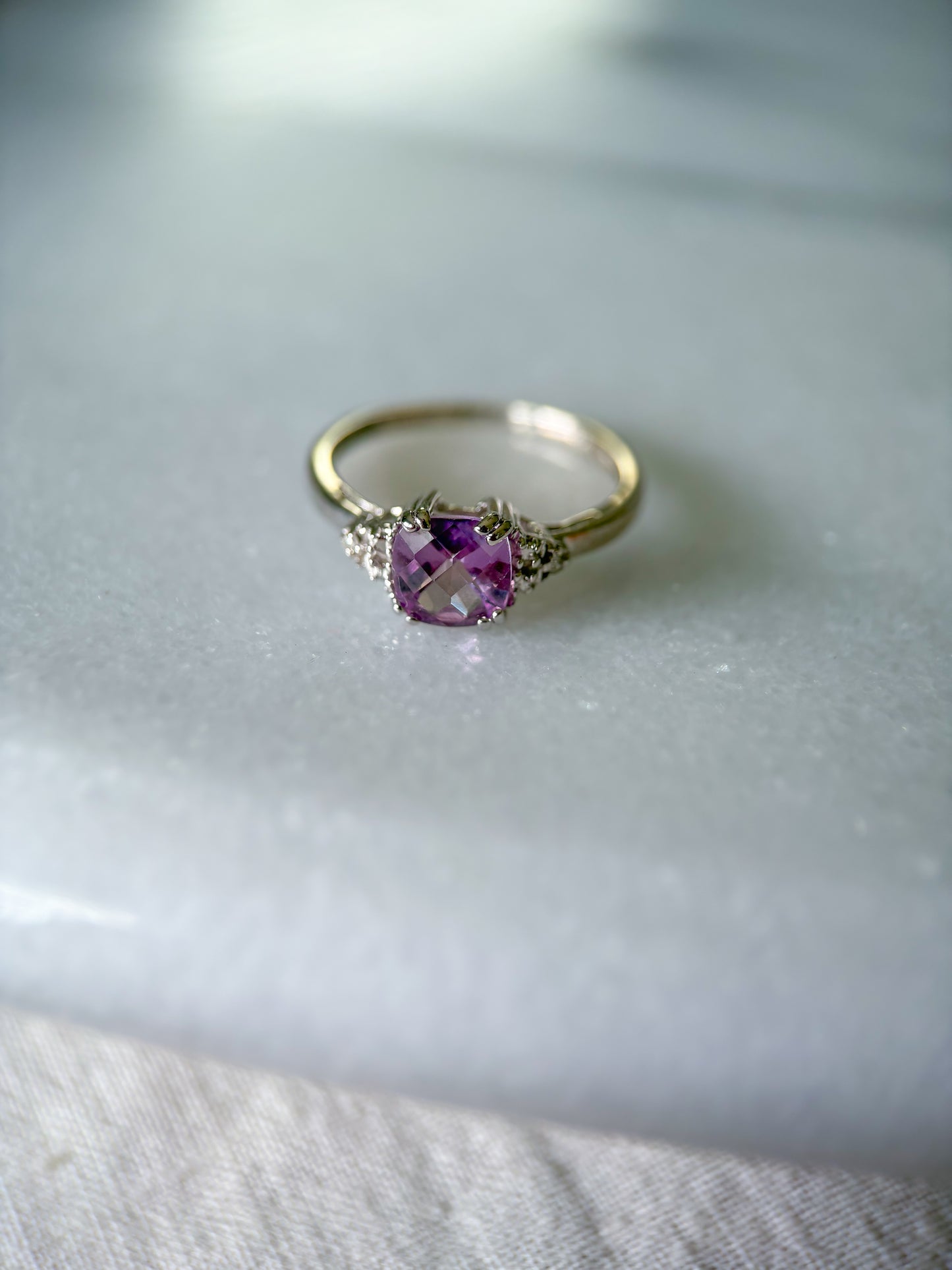 Vintage Amethyst and Natural Diamond 14k White Gold Ring