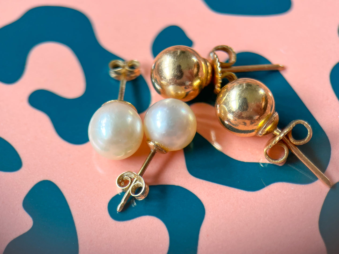 Vintage Ball Stud Earrings in Pearl and Solid 14k Yellow Gold