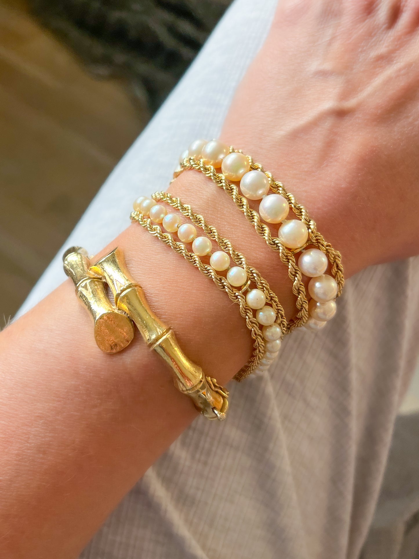 Various Vintage Pearl and Rope Chain 14k Yellow Gold Bracelets