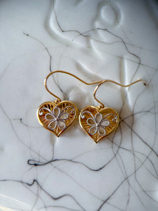 Vintage Dangle Heart 14k Yellow and White Gold Two Toned Earrings