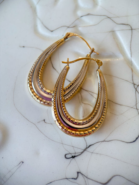 Vintage Oval 10k White and Yellow Gold Two Toned Hoop Earrings