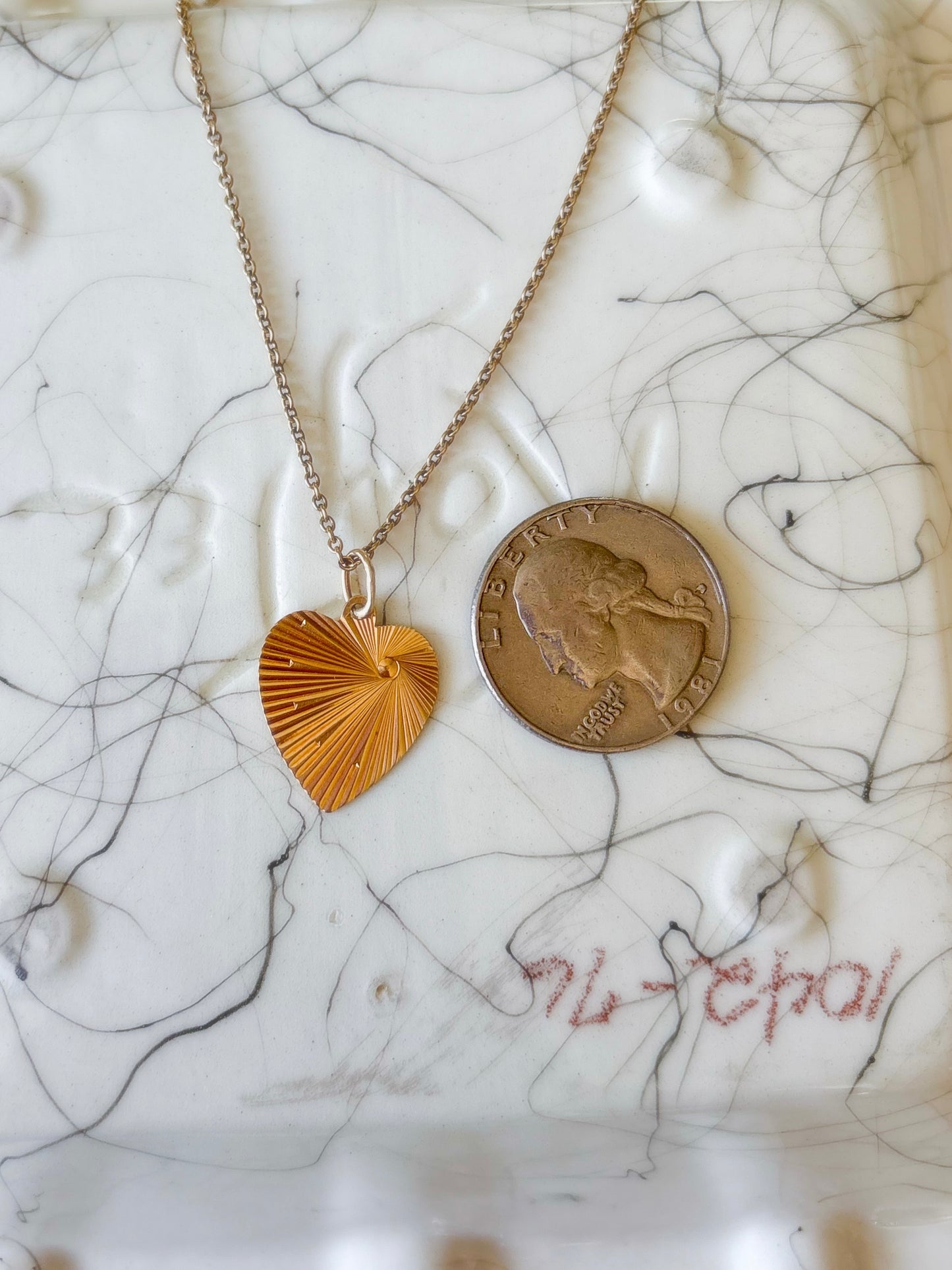 Vintage Engine Turned Heart 14k Yellow Gold Charm, Engraved: "Thou Shall Not Covet Thy Neighbor's Wife"